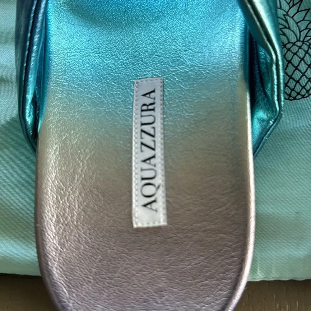 Aquazzura Twist Leather Metallic Blue Sandals Slides Made in Italy Size 38 NWOB